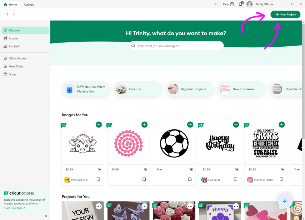 "New Project" button in the top right of Cricut Design Space